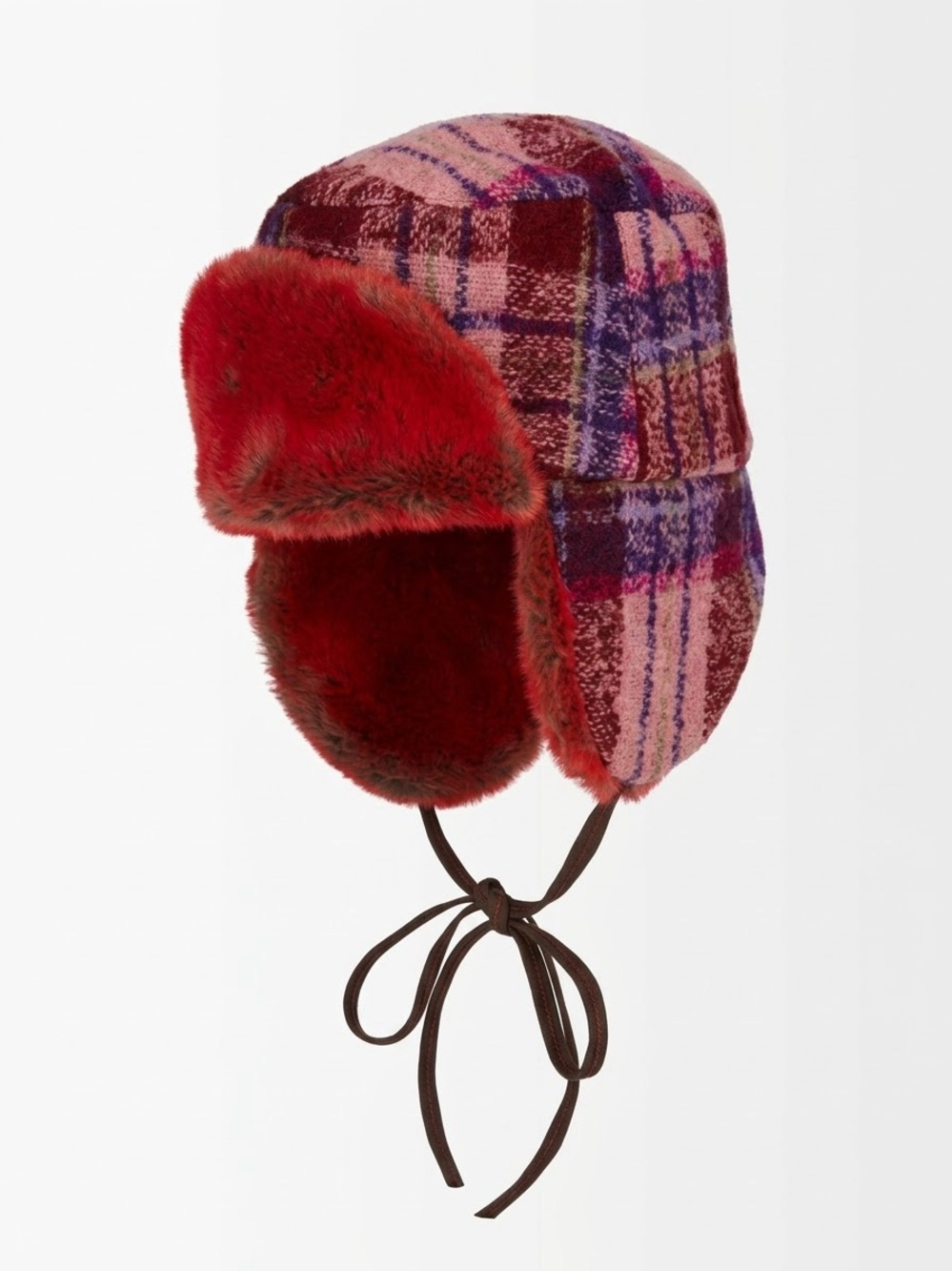 Albertus Swanepoel Red Purple Plaid Faux Fur Trapper Hat Ushanka Apres Ski